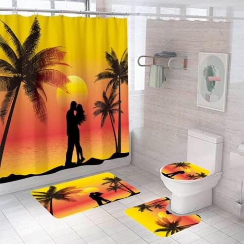 Waterproof Bathroom Shower Curtain Set with 12 Hooks Toilet Seat Bath Mats and Rugs Non-slip Carpet Toilet Covers