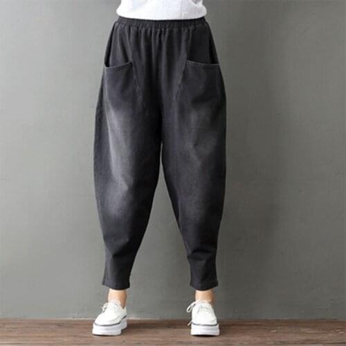 2020 Spring New Arts Style Women Elastic Waist Loose Casual Black Jeans Big Pocket Cotton Denim Harem Pants Plus Size M584