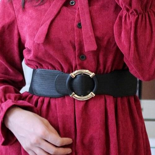 Ladies Belt Fashion Elastic Gold Ring Buckle Wide Belt Clothing Decoration Waist PU Leather Women Belt