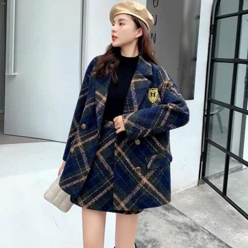 Autumn Fashion Two-piece Suits Thick Plaid Tweed Female Coat A-line Skirt Two 2 Piece Set Women Suit Basic Jackets Uniform