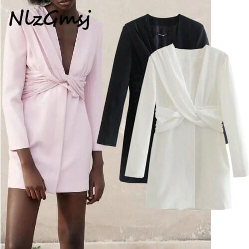 Nlzgmsj Za 2021 Women Sexy Deep V Neck Pleated Knotted Solid Mini Dress Lady Long Sleeve Vestido Chic Casual Suit Dresses 202105