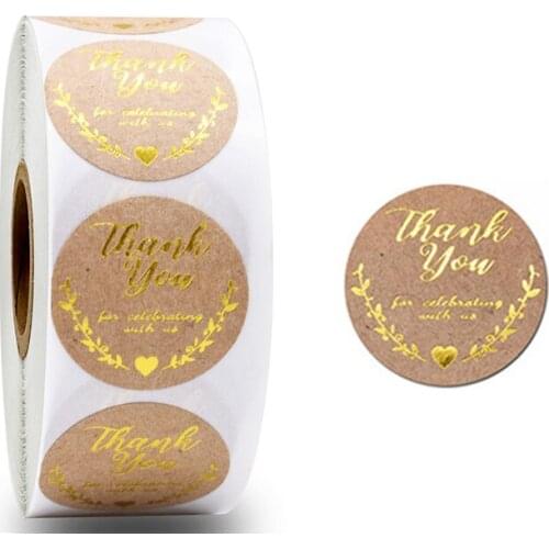 1 Inch 500 Pcs/Roll, Thank You Kraft Paper Label with Bronzing Font, Baking Gift Card, Packaging Sealing Sticker Small Business