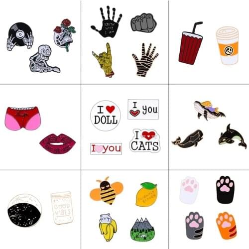 2~4pcs/set Cartoon enamel pins Brooch Punk Skull Hand Magic Hat Shark Cute Cat Claw Flower Fashion Lapel Pin Badges Jewelry Gift