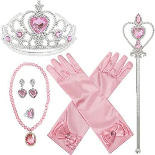7pcs/lot Girls Princess Elza Dress Up Accessories Crown Necklace Ring Earring Wand Gloves Kids Jewelry Set Cosplay Toys