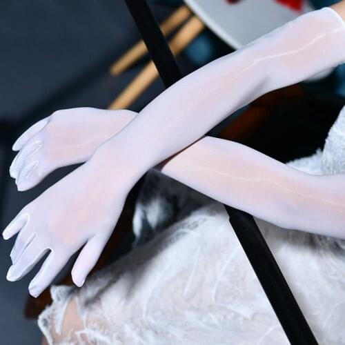 Shiny Five Finger Gloves Sexy Super Bright Dancing Oily Silky Long Sleeve Stewardess Transparent Women Club Punk Gloves 2021