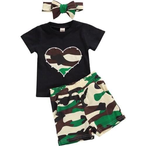 Kids Girl Top Summer Shorts Suit Camouflage Heart Printed Short Sleeve Casual Headband 3 Pieces Baby Summer Clothing