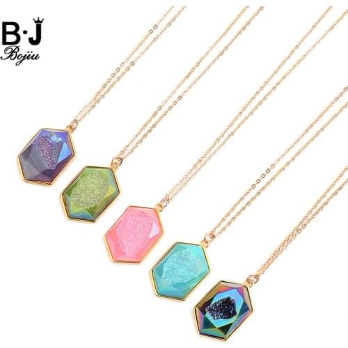BOJIU 11 Colors Natural Druzy Stone Long Pendant Necklaces For Women Resizable Statement Jewelry Gold Link Chain Neklace NKS215