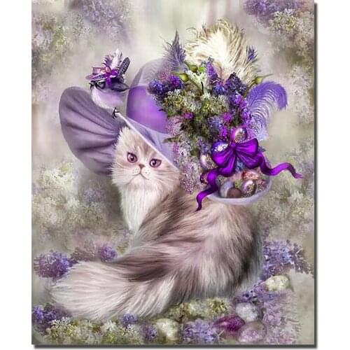 Diamond Embroidery Paintings Full Square/Round Elegant Cat Purple Hat Flower Cross Stitch Kit 5D Mosaic Home Decoration 2020 New