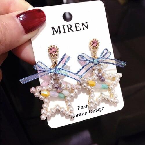 Korean Bow Star Imitation Pearl Vintage Dangling Earrings Women Fashion Accessories Trends 2021 Style Jewelery Fairy