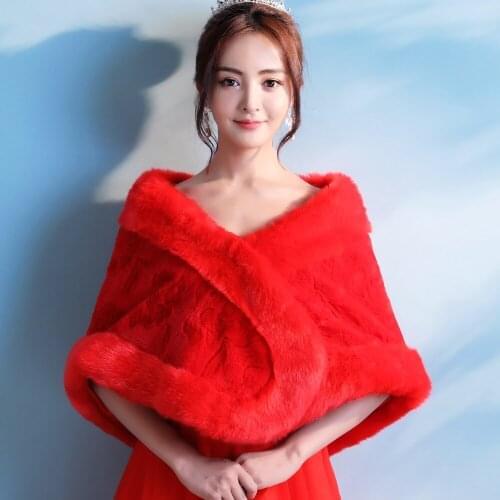 Red Faux Fur Women Wedding Bridal Wrap Winter Warm Formal Evening Shawl Elegant Lady Thermal Party Stole Cape Prom Rolled Cloak