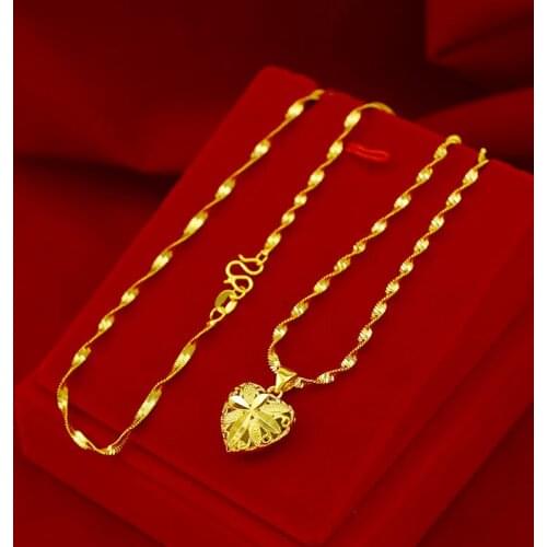 Real 18K Gold Necklace Pendant for Women Collar Wedding Engagement Jewelry Love Heart Chain Necklace Choker Birthday Gifts Girl