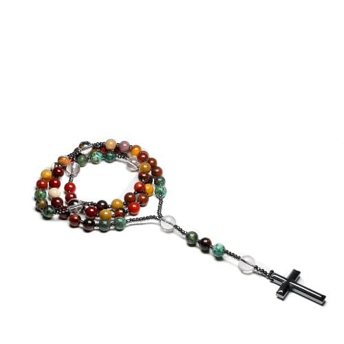 Natural Quartz Mookaite Beads Catholic Christ Rosary Necklaces Hematite Cross Pendant Necklace For Women Men Meditation Mala