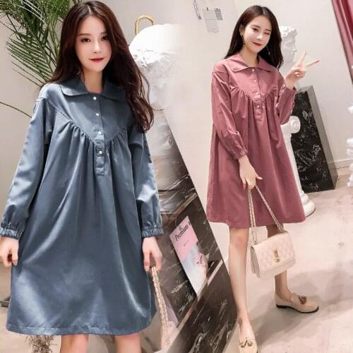 Solid Maternity Dresses Vintage Doll Collar Pregnancy Dress Casual Korean Pregnant Dress Autumn Winter Clothes for Pregnant