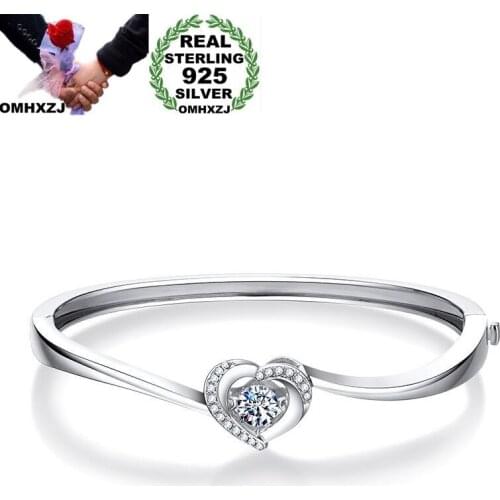 OMHXZJ Wholesale European Fashion Woman Girl Party Wedding Gift Heart AAA Zircon 925 Sterling Silver Cuff Bangle BA70