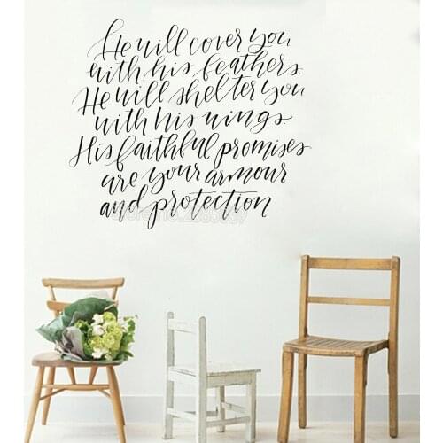 He Will Cover You Wall Sticker Quotes Fancy Calligraphy Font Art Mural Home Decor Wall Creative Decorative Tattoo Decals LC210
