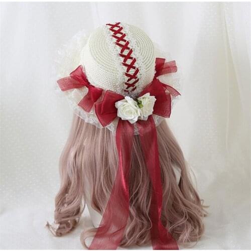 Rose Flower Straw Hats Women Beach Sun Hat Lolita Lace Bow Ribbon Round Flat Top Cap B1762