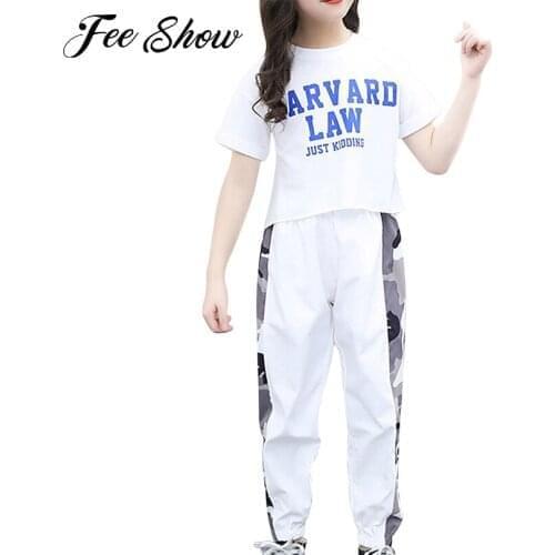 White 2Pcs Kids Girls Summer Casual Sports Set Tracksuits Sportswear Letters Print T-shirts Sport Pants Set for Running Exercise
