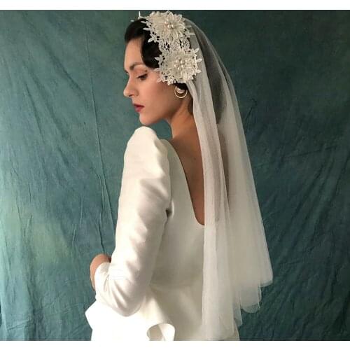 Ivory Wedding Veils Soft Tulle with Floral Applique and Pearls Free Shipping Wedding Veils