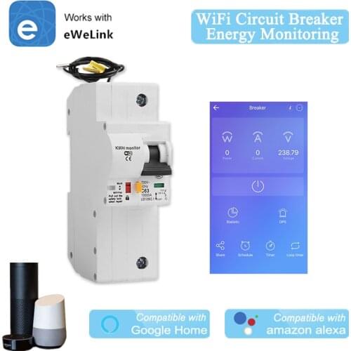 Smart WiFi Circuit Breaker 1P WiFi MCB with Energy Monitoring eWelink APP Wireless Control Compatible With Alexa IFTTT Google