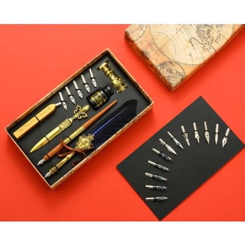 Vintage Quill Feather Dip Pen Fountain Writing Ink 5 Nibs Seal Wax Gift Box Calligraphy Stationery School Supplies