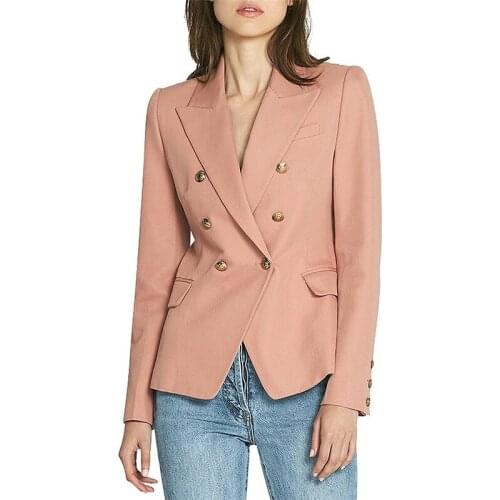 High Quality New Design Brown Khaki Blazer Jacket Gold Double Breasted Button Thick Fabric Office Ladies Women Blazer feminino