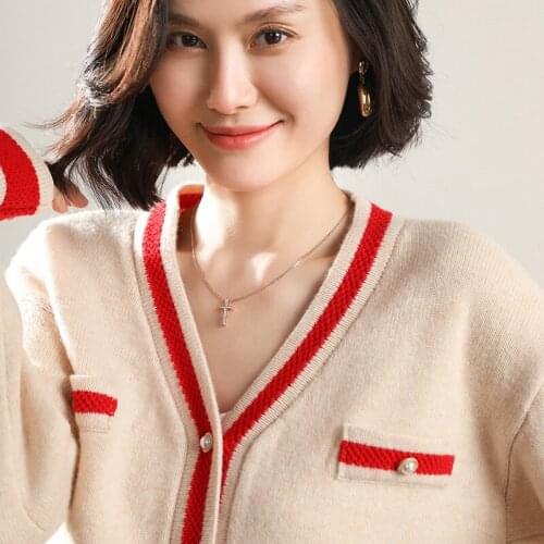 High-End 100% Cashmere Wool Women Elasticity V-Neck Cardigan Sweater 2021 Spring Autumn Warm Girl Clothes Large Size Soft knitte