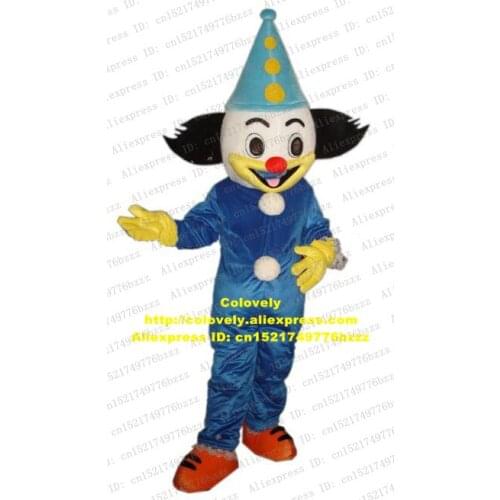 Funny White Clown Buffoon Jester Jack-pudding Mascot Costume Adult Size With Blue High Cone Hat Long Black Hairs No.7209 FS