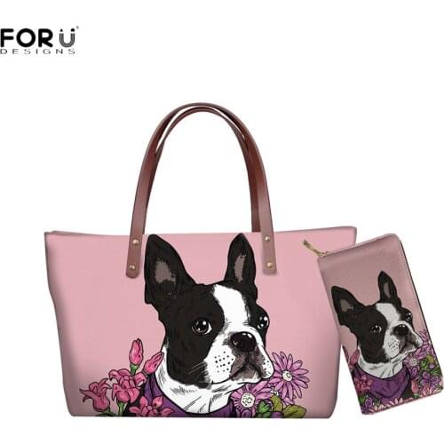 FORUDESIGNS Boston Terrier Print Shoulder Bag Women Travel Large Capacity Female Handbags Tote Bag with Lone Leather Purse 2pcs