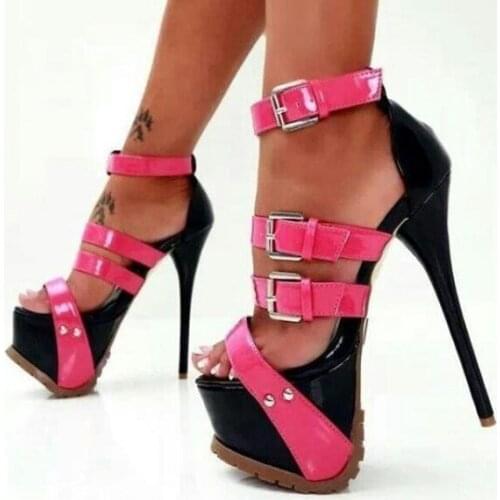 Moraima Snc Pink and Black Stripper Heels Patent Leather Buckle Sandals Sexy Shoes Woman Summer Platform High Heel Sandals