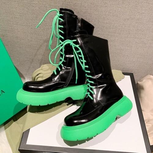 Chunky Motorcycle Boots for Women Autumn 2021 Fashion Round Toe Lace-Up Combat Boots New Popular Zipper Gladiator Ladies Shoes