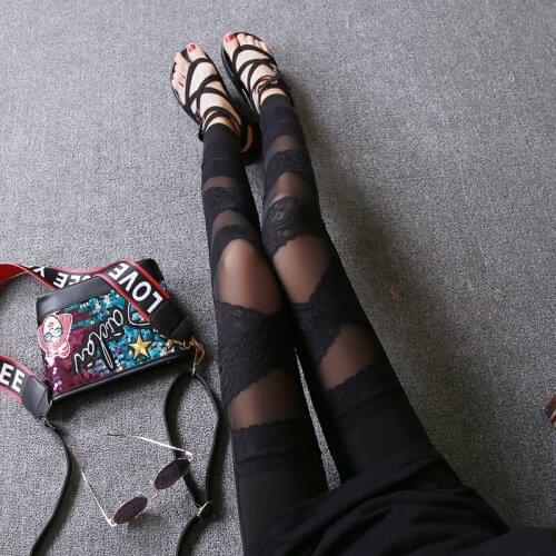 Womens lace leggings mesh stitching sexy fashion black nine-point pants 2021 new