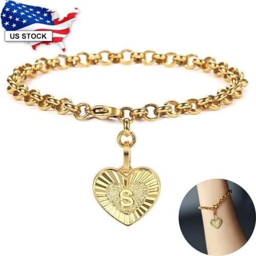 A-Z Initial Letter Charm Heart Shaped Pendant Bracelet for Women 5mm Gold Color Stainless Steel Rolo Link Chain 8inch LKB668A