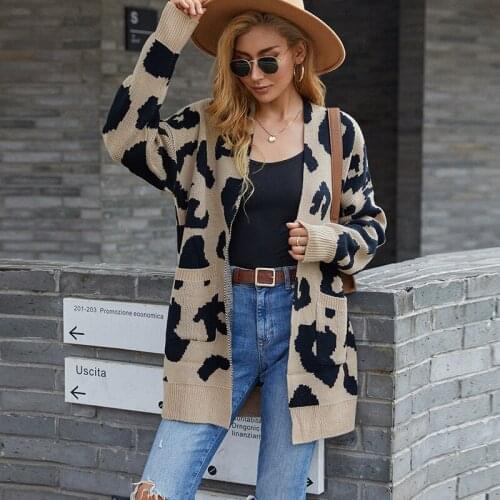 ZJZLL Factory Direct European American Long Pocket Knitted Cardigan Leopard Print 2021 Autumn Winter New Womens Sweater Coat