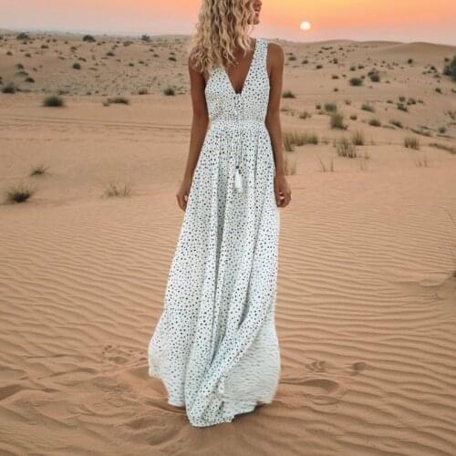 Happie Queens Women Stylish summer V-neck sleeveless Maxi dress holiday beach wave bohemian dress