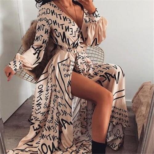 Women Dress Fashion Long Sleeve Maxi Dress Evening Party Sundress Letter Print Dresses Woman Party Night Clubwear Long Dresses