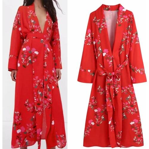 YVYVLOLO ZA Summer Floral Printed Dress Women Belted Long Sleeves Vintage Casual Fashion Chic Lady Kimono Maxi dress Women