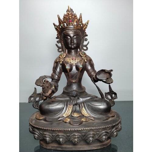 12"Tibet temple Old Bronze Lacquer Cinnabar mosaic gem Buddha statue of Dara Bodhisattva Holy Salvation Buddha Sitting Buddha