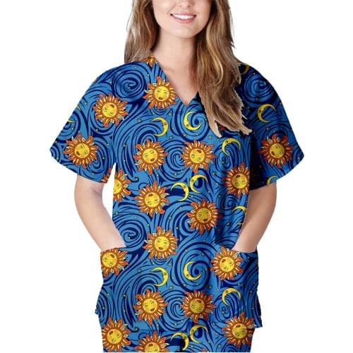40# Women Printing T-shirts Top Short Sleeve V-neck Tops Nursing Working Uniform T-shirts Work Nurse Uniform Loose T-shirts Топ