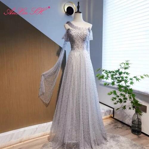 AnXin SH princess grey lace evening dress party fashion one shoulder beading pearls sleeveless a line bride evening dress