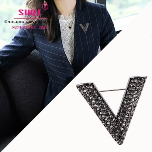 Endless Love Black Sliver Color Plated Rhinestone Luxury V Letter Brooch Collar Pins for Women and Men