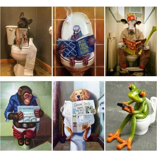 Diy 5d Full Diamond Embroidery Animal Square Round Diamond Toilet Dog Monkey Mosaic Furniture Decoration Hobby Gift