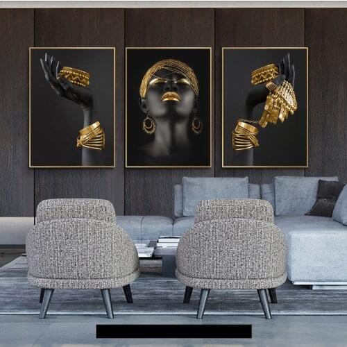 African Woman Holding Gold Jewelry Canvas Painting Black Woman Art Prints and Poster Wall Art Picture for Living Room Home Decor