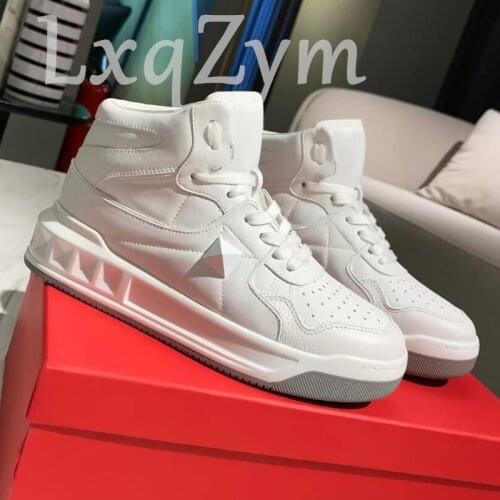 New Brand Designer High Quality Mixed Color Platform Sneakers High Top Lace Up Tennis Shoes Real Leather Rivet Decor Comfort
