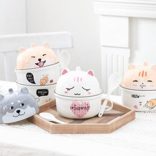 Instant Noodle Bowl Ceramic Noodle Bowl Cartoon Cute Animal Instant Noodle Bowl Cover Spoon Bowl Set Cute Student Bowl Soup Bowl