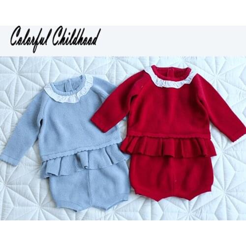 Lovely cozy infant baby clothes autumn winter ruffles lace chiffon collar sweater+pants suit Xmas toddler baby outfits 0-24m
