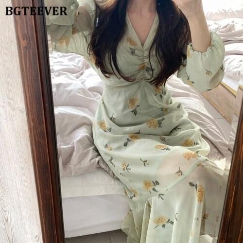BGTEEVER Elegant Long Sleeve Ruffles Women Chiffon Dress V-neck Ruched Female A-line Dress 2021 Summer Midi Vestidos Femme