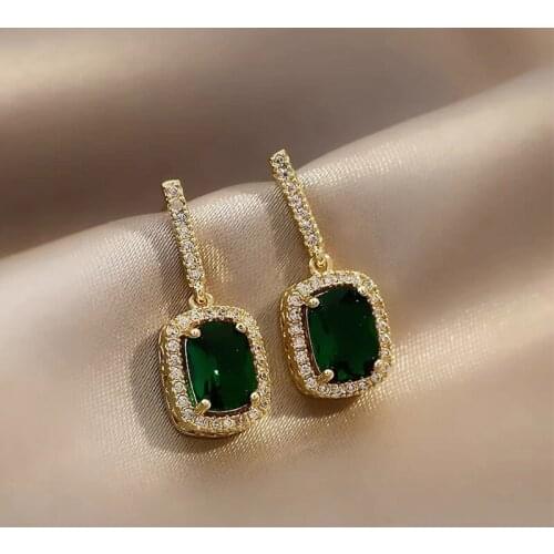 Luxury Exquisite Geometric Green Crystal Pendant Earrings For Woman Korean Fashion Jewelry Wedding Party Girls Elegant Earrings