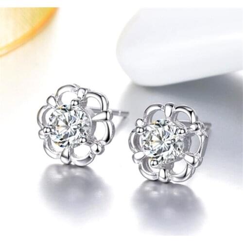 KOFSAC Exquisite Zircon Hollow Flower Cute Mini Earring Girl Jrwelry 925 Sterling Silver Earrings For Women Party Accessories