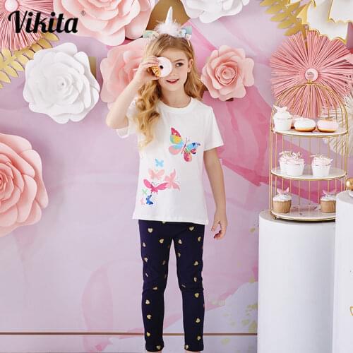 VIKITA Girls Clothing Sets Kids Summer Clothes Children Butterfly Print Cotton Tops and Tees + Leggings Pants Sets 3-8 Years