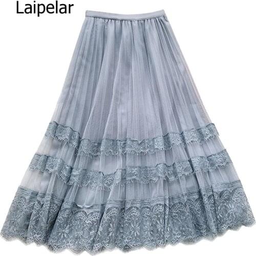 Spring Summer Long Skirt Women Clothing 2020 New Flower Embroidered Lace Mesh Skirts Sweet Pleated Tulle Skirt Faldas Saias